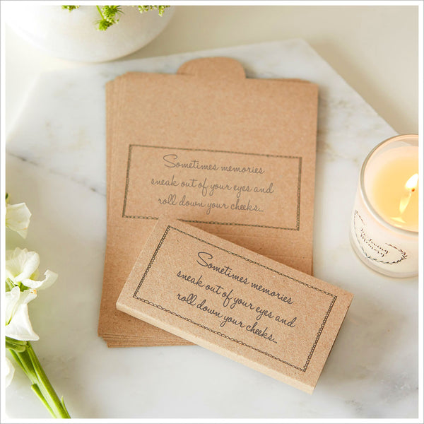 10 Kraft Pre-Filled Funeral Tissue Favours - 'Sometimes Memories Sneak Out of Your Eyes...' - Angel & Dove