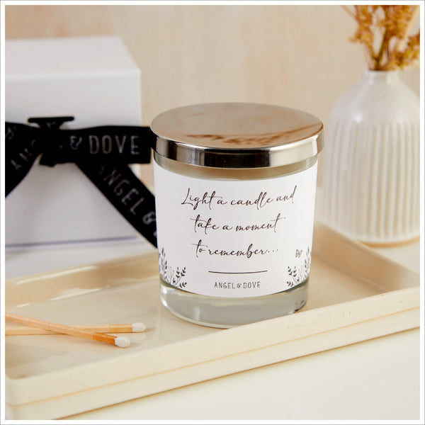 'Light a Candle and Take a Moment to Remember' Gift Boxed 300ml Candle with Silver Lid Sympathy Gift - Angel & Dove