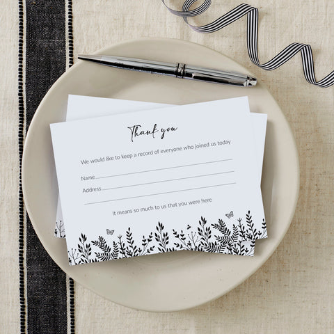 25 Monochrome Leaves Funeral Attendance Cards - Angel & Dove