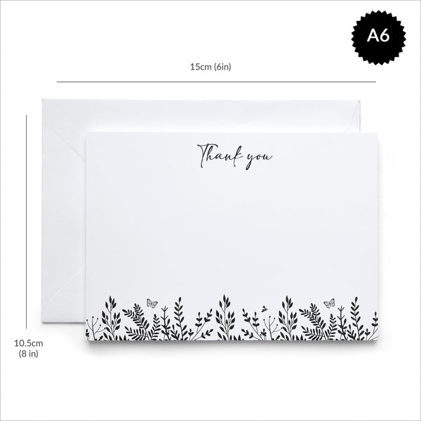 10 Monochrome Leaves Thank You Cards & Envelopes