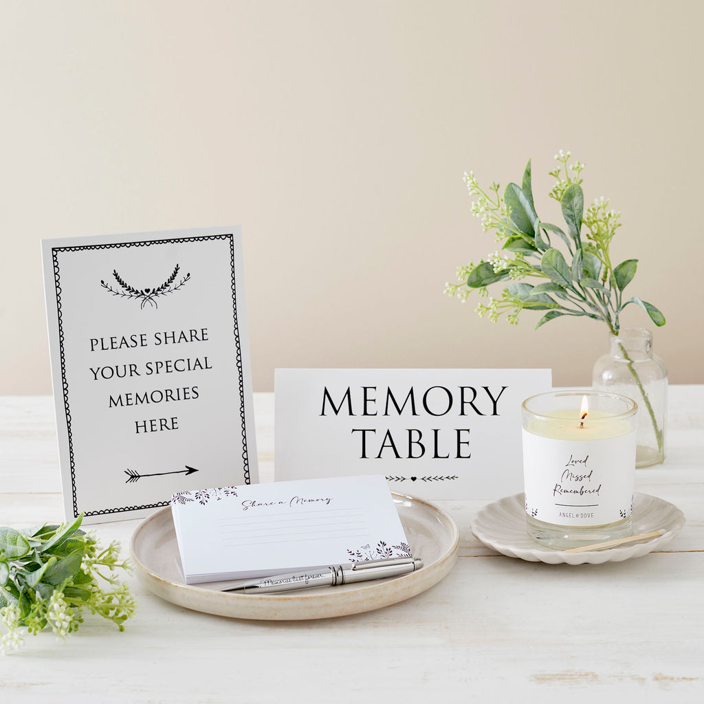Monochrome Leaves Funeral Memory Table Collection – Angel & Dove