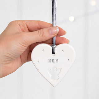 'Mum' Handmade Ceramic Heart Decoration Sympathy Gift - Angel & Dove