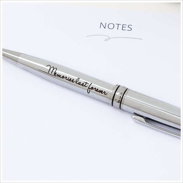 'Memories Last Forever' Silver Chrome Ballpoint Pen in Velvet Pouch - Angel & Dove