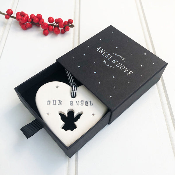 'Our Angel' Gift Boxed Handmade Ceramic Heart Decoration - Angel & Dove