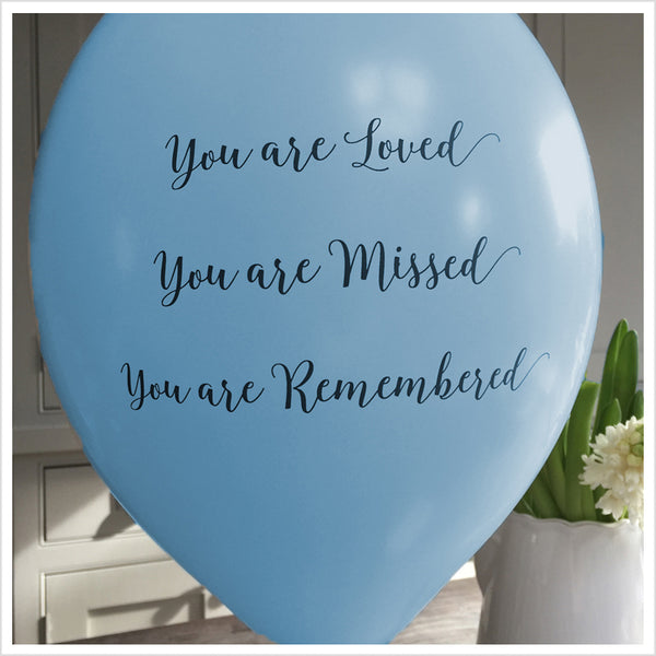 50 White & Blue 'You are Loved, Missed, Remembered' Biodegradable Funeral Balloons - Angel & Dove