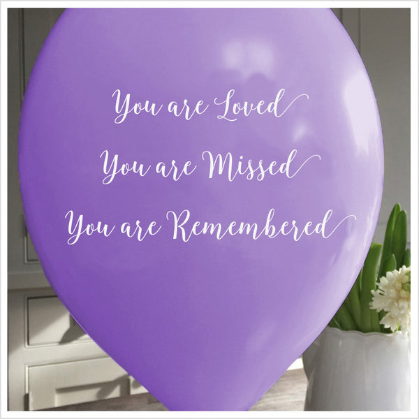 50 White & Purple 'You are Loved, Missed, Remembered' Biodegradable Funeral Balloons - Angel & Dove