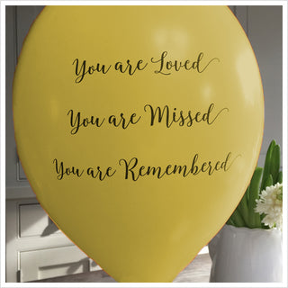 50 White & Yellow 'You are Loved, Missed, Remembered' Biodegradable Funeral Balloons - Angel & Dove