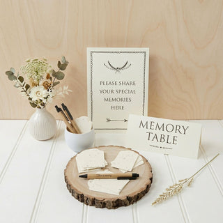 Seed Paper Memory Table Collection - 30 Plantable Wildflower Tags, 3 'Share a Memory' Pens & 2 Memory Table Signs - Angel & Dove