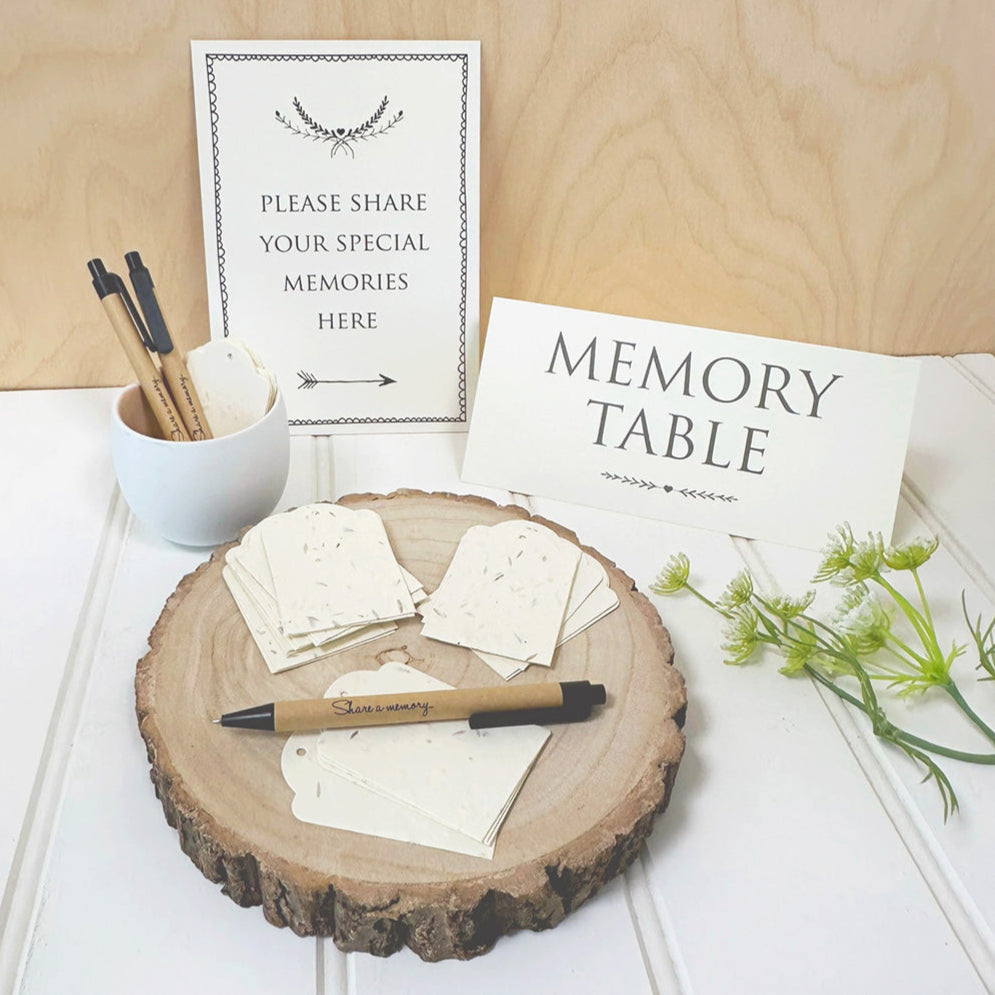 Seed Paper Memory Table Collection - 30 Plantable Wildflower Tags, 3 'Share a Memory' Pens & 2 Memory Table Signs