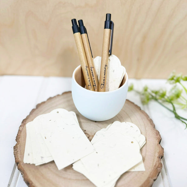 Seed Paper Memory Table Collection - 30 Plantable Wildflower Tags, 3 'Share a Memory' Pens & 2 Memory Table Signs