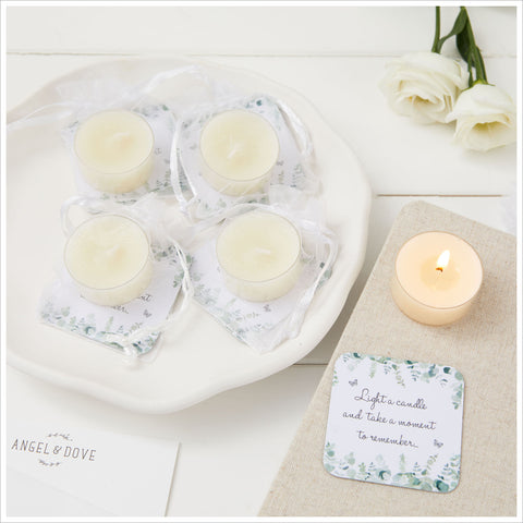 Pack of 5 'Light a Candle...' Tealight Funeral Favours in Organza Bags - Angel & Dove