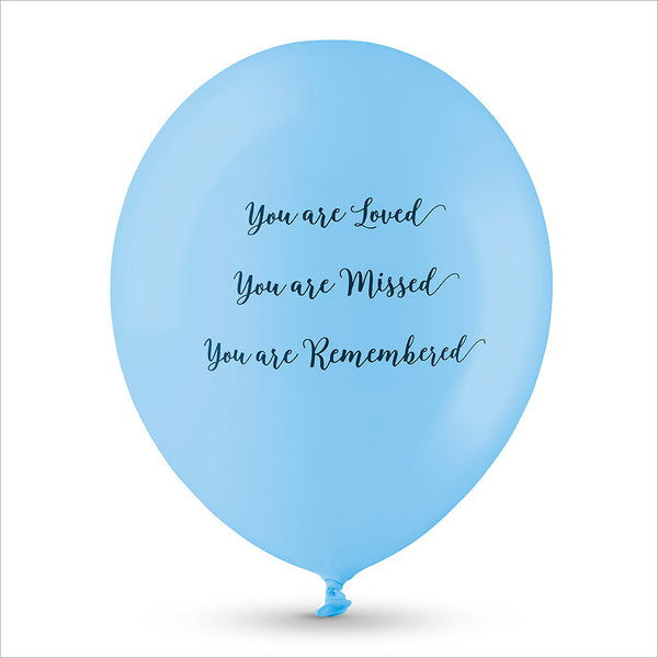 50 White & Blue 'You are Loved, Missed, Remembered' Biodegradable Funeral Balloons - Angel & Dove