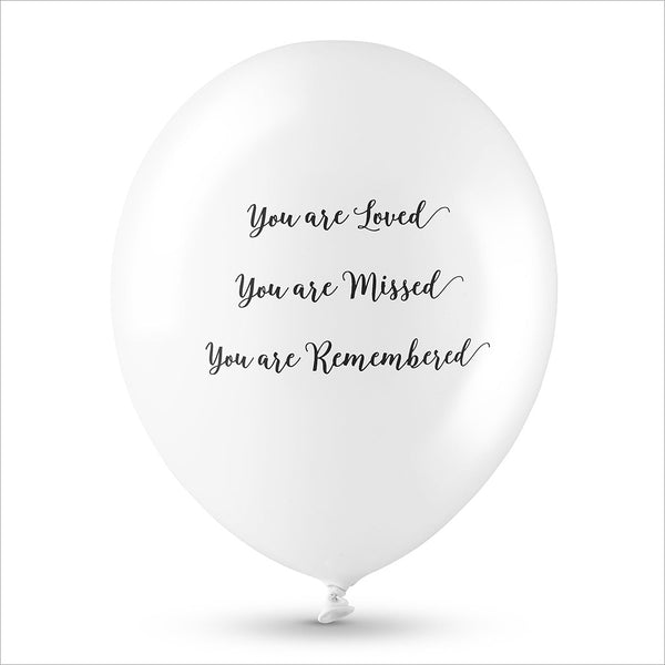 50 White & Red 'You are Loved, Missed, Remembered' Biodegradable Funeral Balloons - Angel & Dove