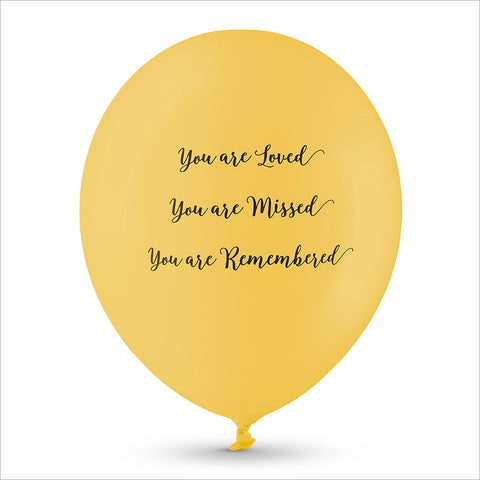 50 White & Yellow 'You are Loved, Missed, Remembered' Biodegradable Funeral Balloons - Angel & Dove
