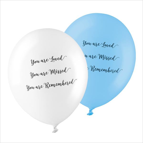 50 White & Blue 'You are Loved, Missed, Remembered' Biodegradable Funeral Balloons - Angel & Dove