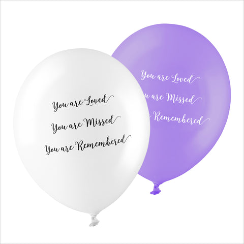 50 White & Purple 'You are Loved, Missed, Remembered' Biodegradable Funeral Balloons - Angel & Dove