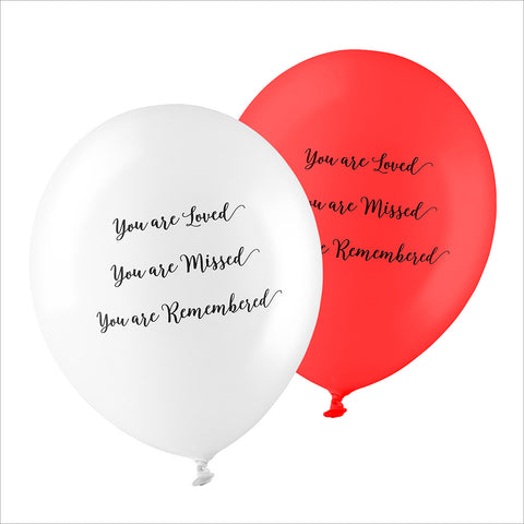 50 White & Red 'You are Loved, Missed, Remembered' Biodegradable Funeral Balloons - Angel & Dove
