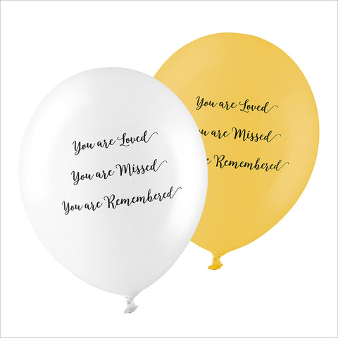 50 White & Yellow 'You are Loved, Missed, Remembered' Biodegradable Funeral Balloons - Angel & Dove