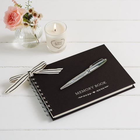 A5 Black Funeral Memory Condolence Book & Silver 'Memories' Pen