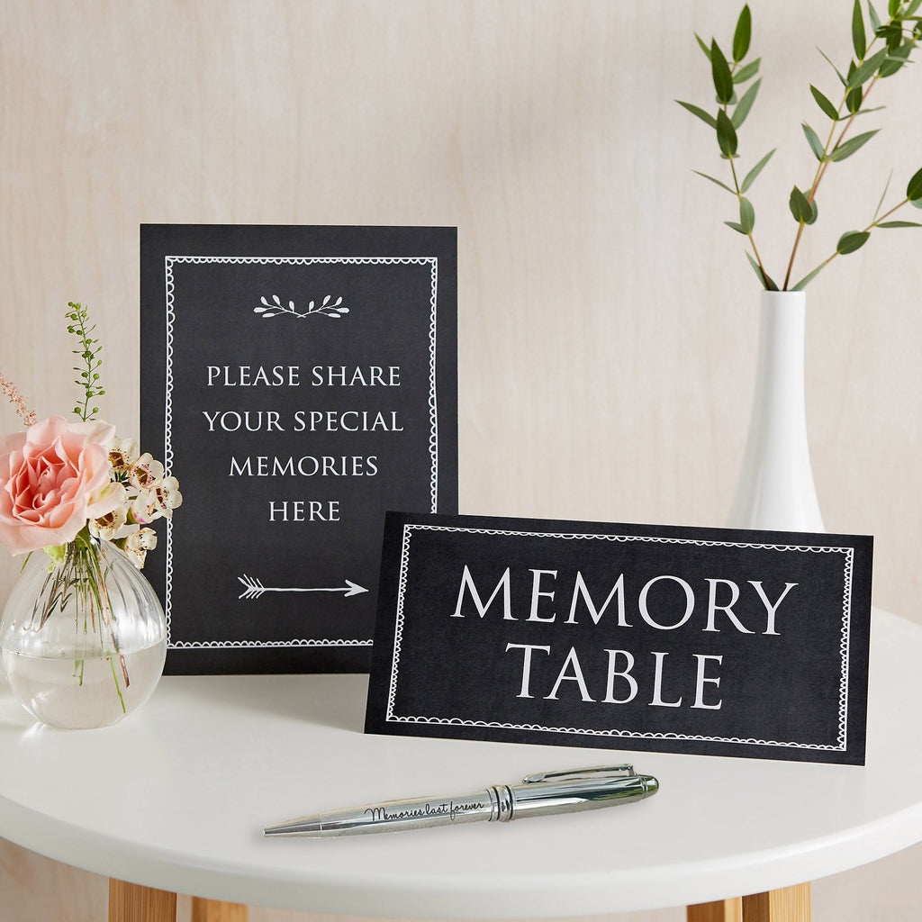 Set of 2 Black Funeral Memory Table Signs & 'Memories' Pen – Angel & Dove