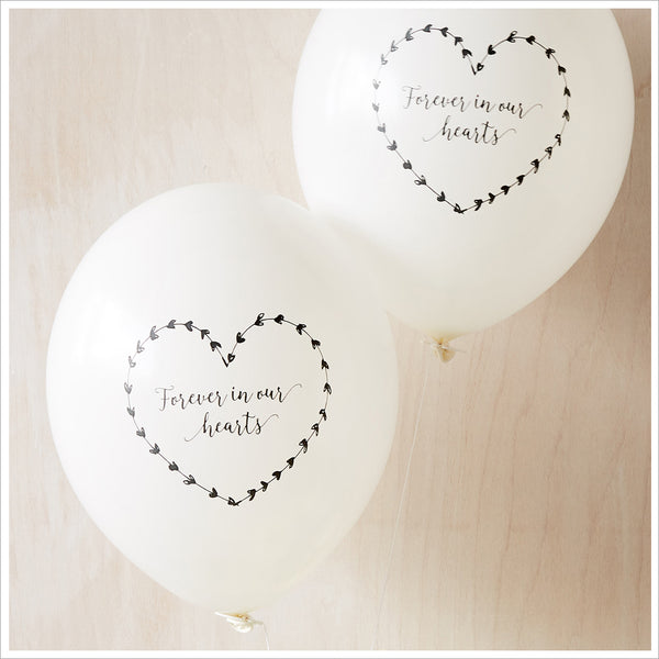 50 White & Blue 'Forever In Our Hearts' Biodegradable Funeral Balloons - Angel & Dove