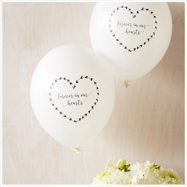 50 White & Blue 'Forever In Our Hearts' Biodegradable Funeral Balloons - Angel & Dove
