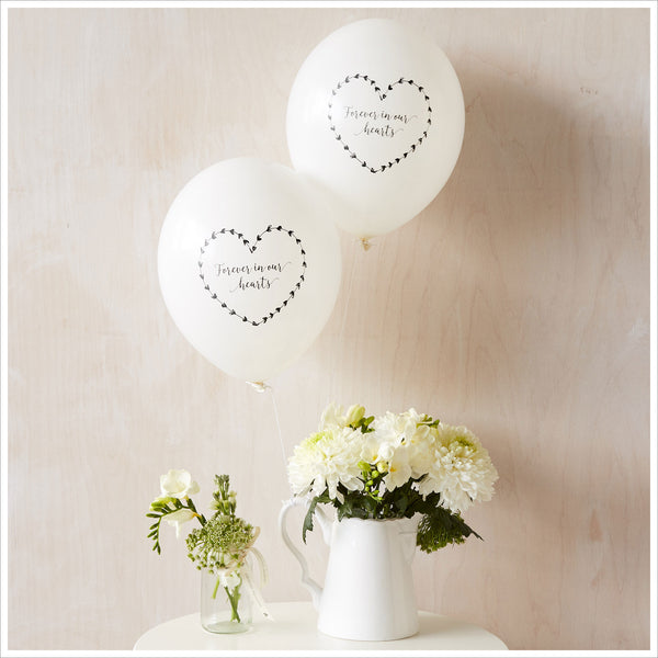50 White & Blue 'Forever In Our Hearts' Biodegradable Funeral Balloons - Angel & Dove