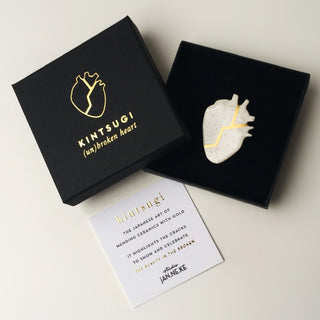 Handmade Porcelain Kintsugi Heart Brooch Sympathy Gift - Angel & Dove