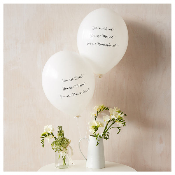 50 White & Red 'You are Loved, Missed, Remembered' Biodegradable Funeral Balloons - Angel & Dove