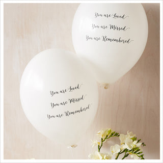 50 White & Red 'You are Loved, Missed, Remembered' Biodegradable Funeral Balloons - Angel & Dove
