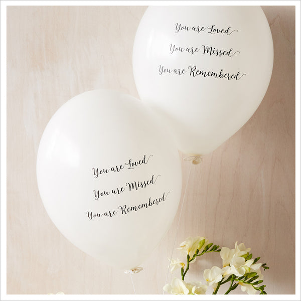 50 White & Red 'You are Loved, Missed, Remembered' Biodegradable Funeral Balloons - Angel & Dove