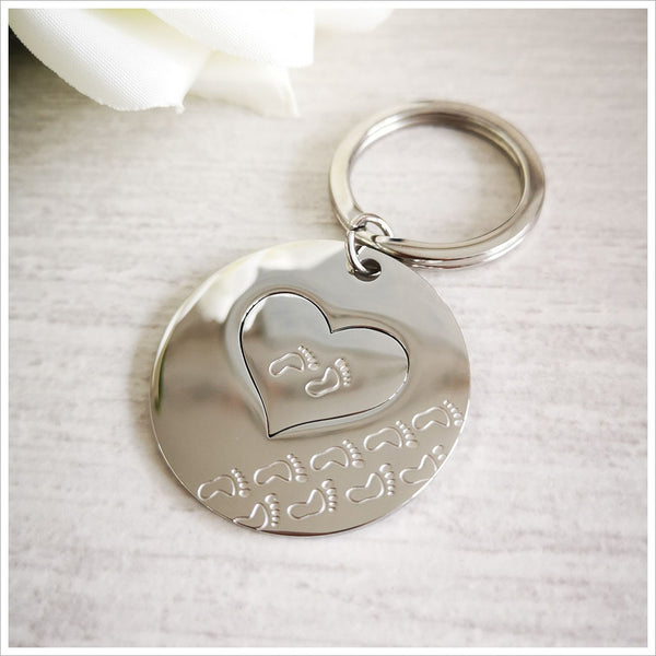 'Heart In Their Hand' Baby Footprints 2-Piece Remembrance Keyring - Angel & Dove