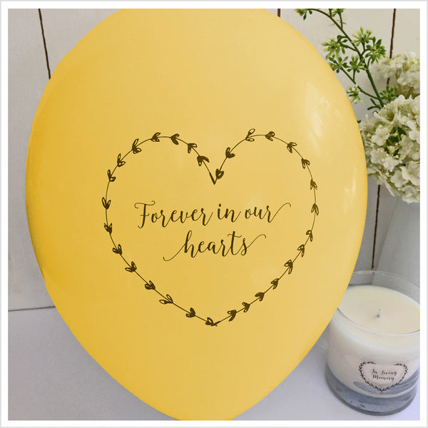 Forever In Our Hearts Funeral Remembrance Balloons - Yellow - Angel & Dove