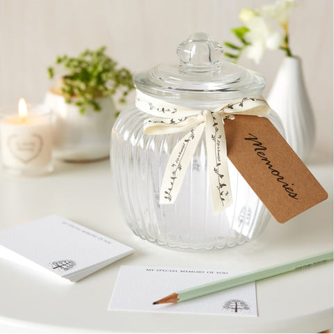 Glass Memory Jar & 50 Luxury Remembrance Cards for Funeral Memory Table - Angel & Dove