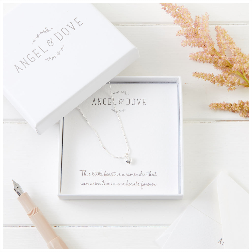Silver Heart 'Memories' Necklace Sympathy Gift with Luxury Bag & Card - Angel & Dove