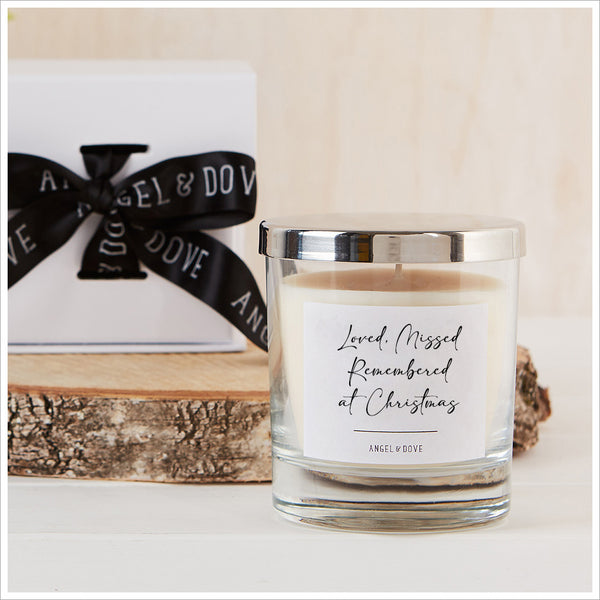 'Loved, Missed, Remembered at Christmas' Gift Boxed Candle with Silver Lid - Angel & Dove