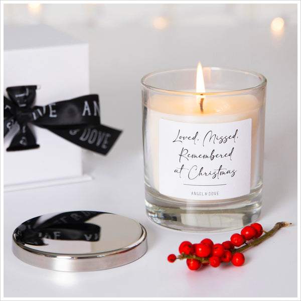 'Loved, Missed, Remembered at Christmas' Gift Boxed Candle with Silver Lid - Angel & Dove