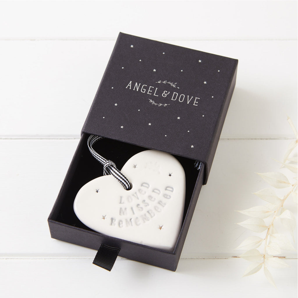 'Loved, Missed, Remembered' Handmade Ceramic Heart Decoration in Gift Box - Angel & Dove