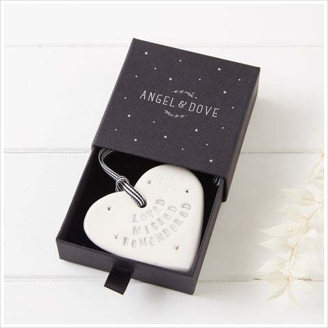 'Loved, Missed, Remembered' Handmade Ceramic Heart Decoration in Gift Box - Angel & Dove