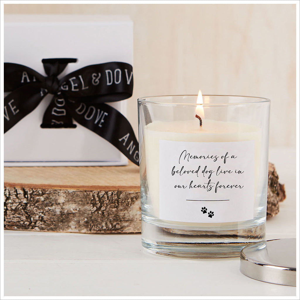 'Memories of a Beloved Dog' Gift Boxed 30cl Remembrance Candle with Silver Lid - Angel & Dove