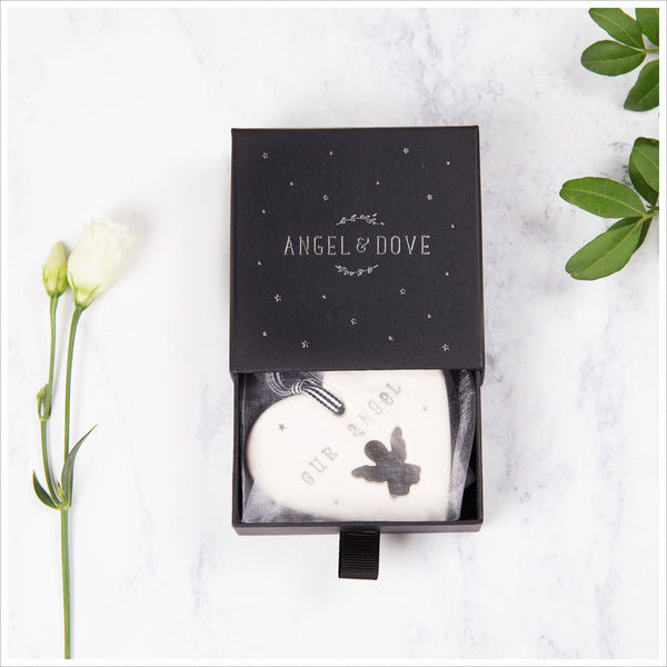 'Our Angel' Handmade Ceramic Heart Decoration in Luxury Gift Box - Angel & Dove
