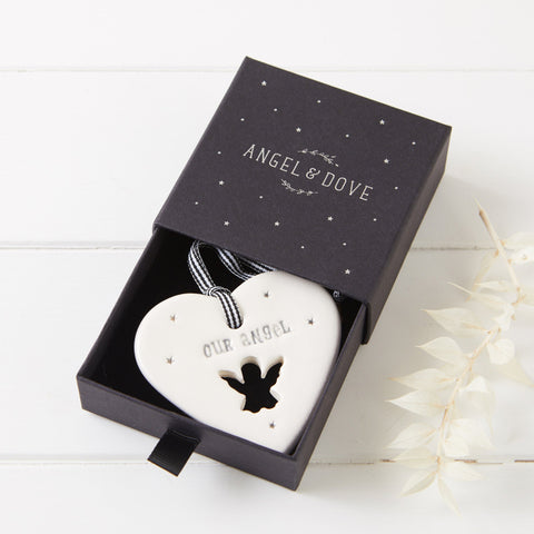 'Our Angel' Handmade Ceramic Heart Decoration in Luxury Gift Box - Angel & Dove