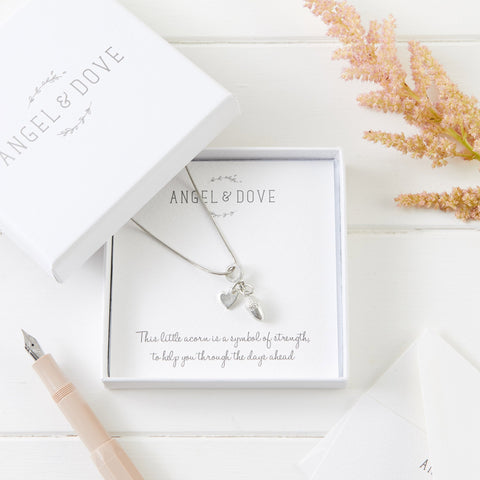 Pewter Acorn & Heart  'Strength' Necklace Sympathy Gift with Bag & Card - Angel & Dove