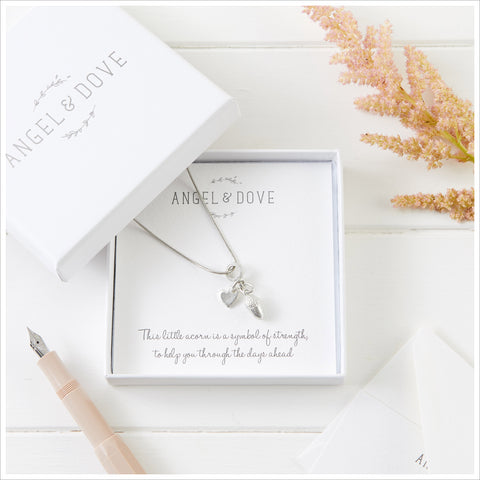 Pewter Acorn & Heart  'Strength' Necklace Sympathy Gift with Bag & Card - Angel & Dove