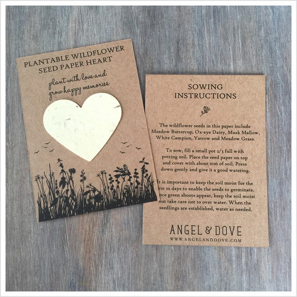10 Plantable Wildflower Seed Paper Heart Funeral Favours - Angel & Dove