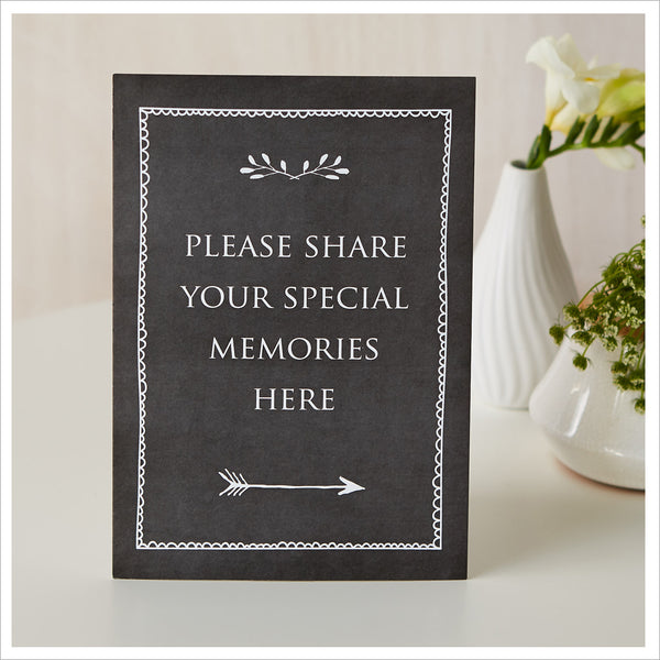 Set of 2 Signs: 'Please Share Your Special Memories Here' & 'Memory Table' - Black - Angel & Dove