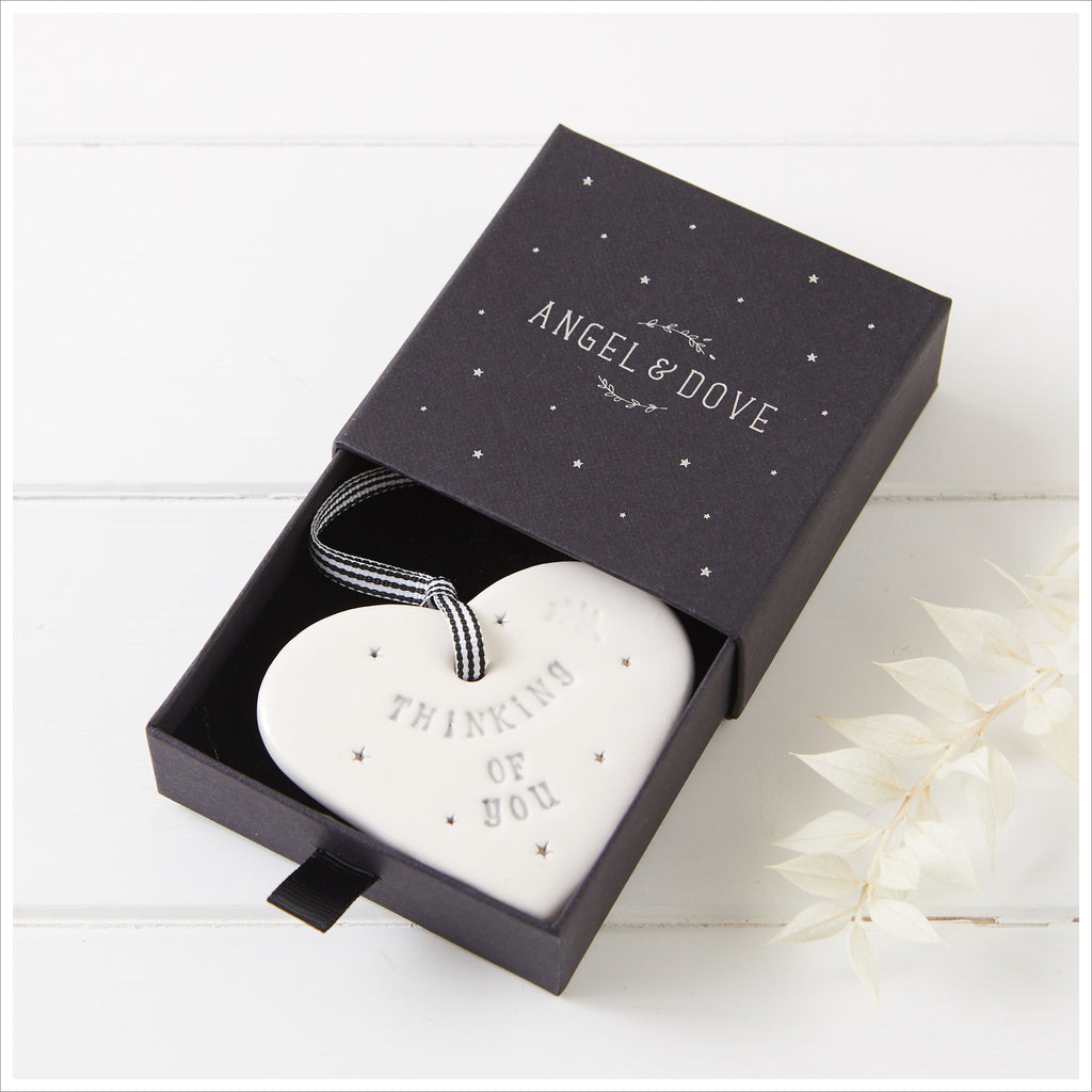 'Thinking of You' Handmade Ceramic Heart Decoration in Luxury Gift Box - Angel & Dove