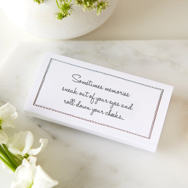 10 White Filled Funeral Tissue Favours - 'Sometimes Memories Sneak Out of Your Eyes...' - Angel & Dove