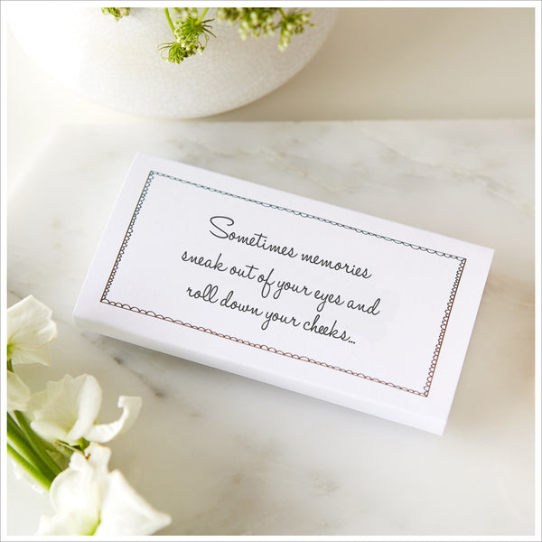 10 White Filled Funeral Tissue Favours - 'Sometimes Memories Sneak Out of Your Eyes...' - Angel & Dove