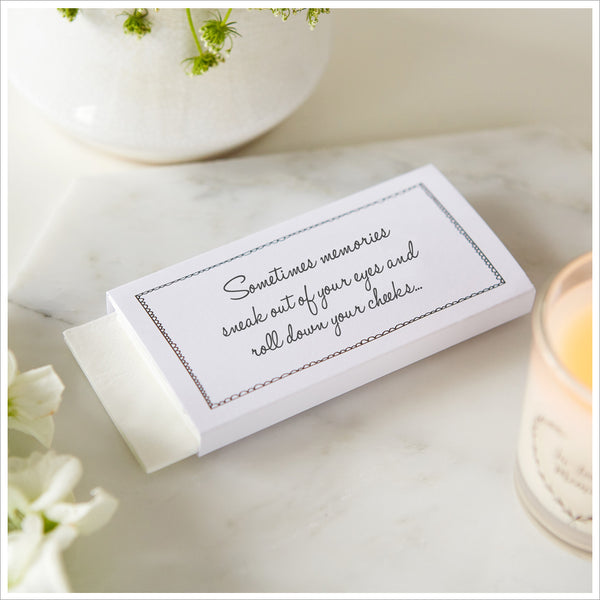 10 Filled White Funeral Tissue Favours 'Sometimes Memories Sneak Out of Your Eyes' - Angel & Dove